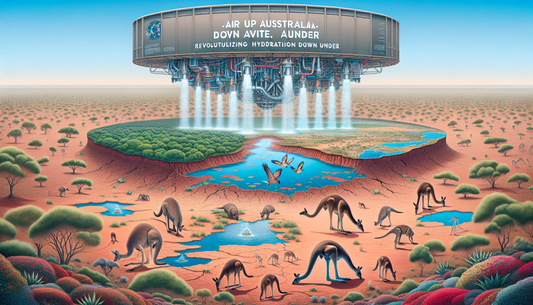 An illustration of Australia's dry, outback landscape is drastically changing due to a novel revolution in hydration technology called 'Air Up'. The parched desert transforms into lush, verdant land w