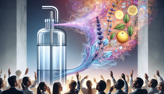 A fascinating scene of a revolutionary hydration method involving scented air. The image should showcase a transparent, sleek designed bottle, obviously advanced in technology. The bottle could be fil