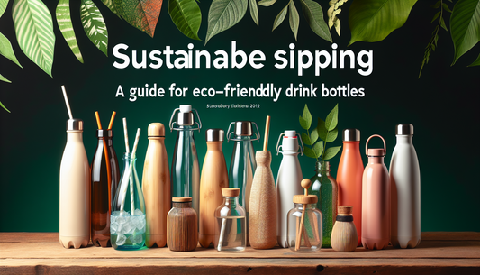 An image that represents a guide for environmentally-friendly drink bottles. Show a variety of drink bottles made from sustainable materials such as glass, bamboo, and stainless steel. Each bottle is 