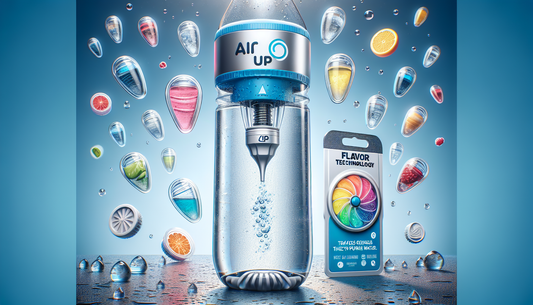 An illustration of Air Up's flavor technology. The image shows an innovative water bottle filled with cool, clear water. On top of the bottle, there's a small, cutting-edge mechanism that's designed t