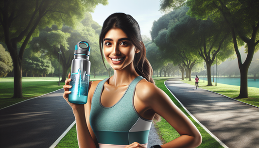 A digital representation of an outdoor setting featuring a jogging trail with lush green trees lining the path. In the foreground, a fitness enthusiast of South Asian descent is seen with a water bott