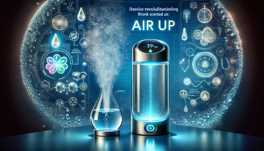 Envision an innovative concept, Air Up: a device revolutionizing hydration by introducing scented air. It can be visualized as a sleek, futuristic gadget that releases fragrantly scented air, evoking 