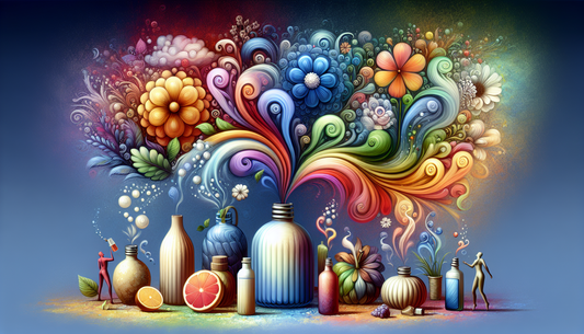 Please depict a captivating spectacle of an aromatic world ushered in by scented water bottles. Show a variety of such bottles of differing shapes, sizes, and colors, each releasing a distinct pleasan