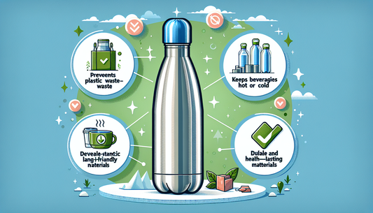 Visualize an infographic on the benefits of using an insulated water bottle. The image should include: 1) A shiny stainless-steel insulated water bottle with a blue cap standing on a table, 2) Differe