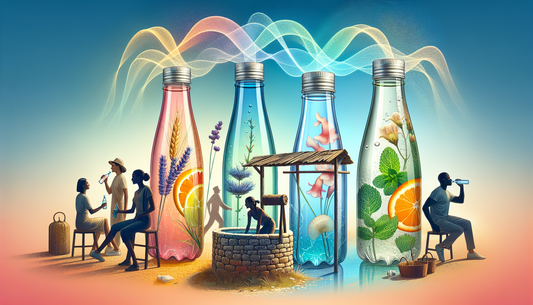A visual representation of the concept 'Fragrant Sipping: The Rise of Scented Water Bottles.' The foreground features three distinct water bottles, each with a different vibrant colour and shape. The 