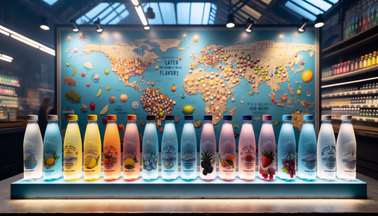 A splendid view of various flavored water bottles lined up on a shelf, each offering a unique taste of hydration. They stand out in their vibrant colors, representing an array of refreshing flavors, f