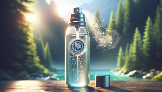 Innovation meets scent: visualize a unique travel essential, a water bottle with an integrated scent dispenser. The bottle is sleek and modern, made from translucent material that shimmers in the sunl