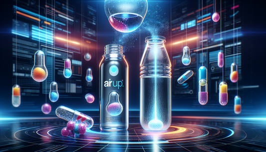 A conceptual illustration depicting an innovative approach to hydration and flavor named 'Air Up'. The image includes a futuristic water bottle filled with crystal clear water, hovering flavor capsule