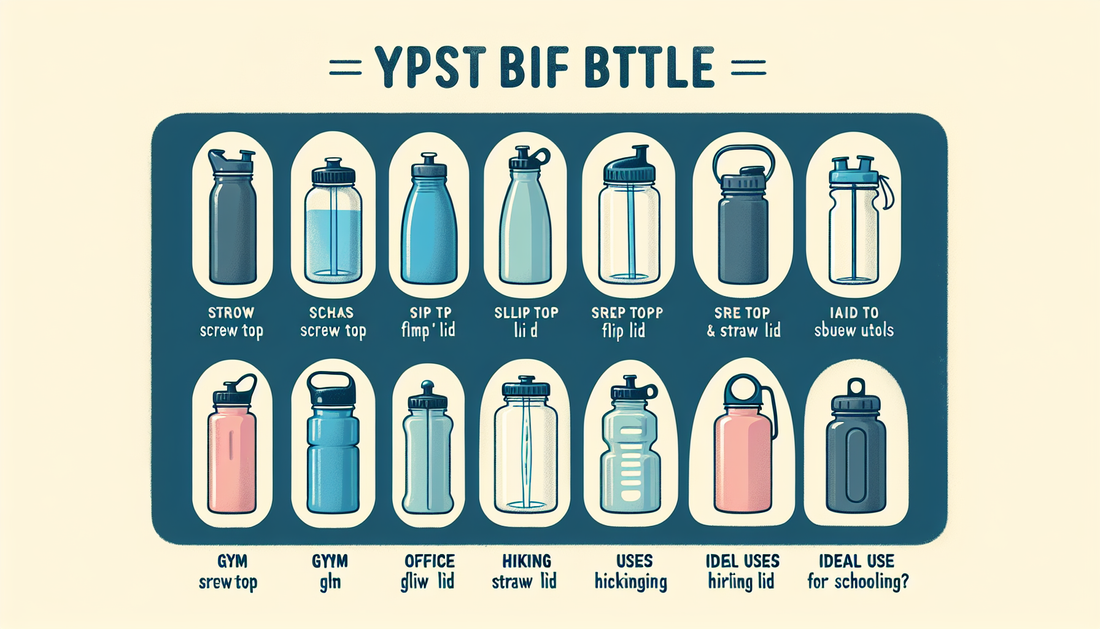 An informative image showing different types of water bottles. Each bottle could have varying shapes, sizes, materials, and lids such as screw top, flip lid, straw lid, and spout lid. Each type of bot