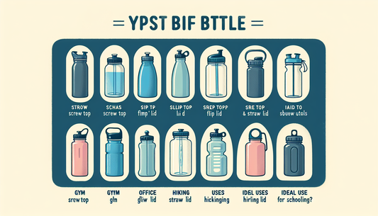 An informative image showing different types of water bottles. Each bottle could have varying shapes, sizes, materials, and lids such as screw top, flip lid, straw lid, and spout lid. Each type of bot