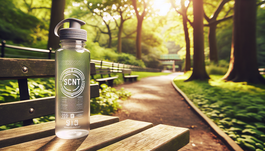 Explore the convenience of hydration with the SCNT Water Bottle. The scene displays the bottle amid an outdoor setting, vibrant with greenery and sunlight. The water bottle is robust and clear, made o