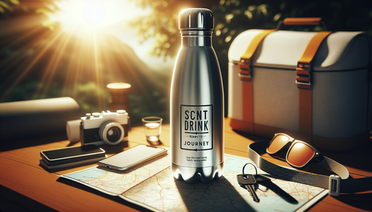 Visualize a water bottle labeled 'SCNT Drink Bottle' ready for journey. Imagine it as an insulated sleek bottle with a tight lid, designed for easy carrying. The bottle is standing upright on a table 