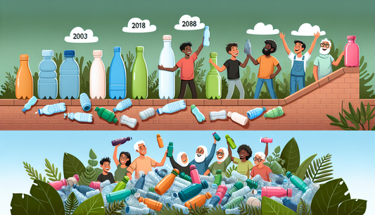 Illustrate a narrative scene depicting the evolving trend of eco-friendly drink bottles in the aspect of sustainable living. The upper part of the image should show a progression timeline from the pas